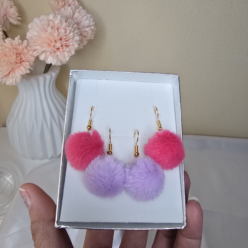 2 Pairs Pink and Purple Pom Pom Earrings
